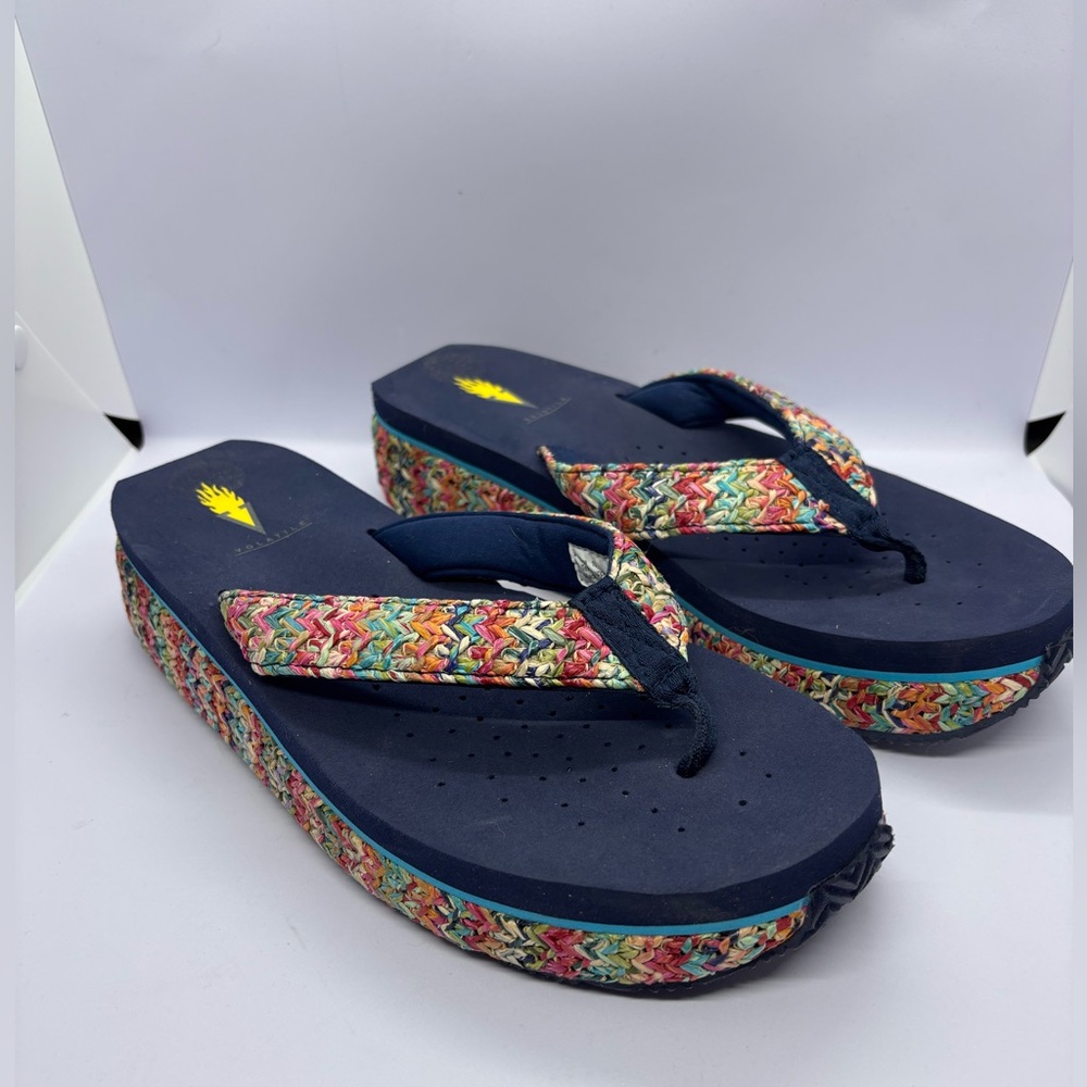 Volatile Navy Platform Flip Flops with Multicolor Woven Straps